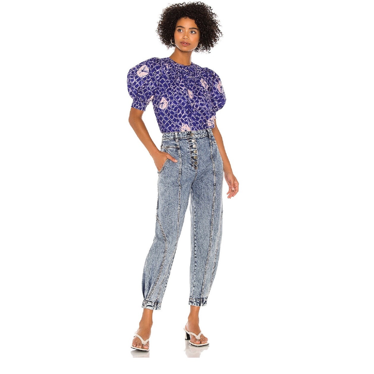Ulla Johnson Carmela Top Size 8 Cobalt Preppy Classic Puff Sleeve Shibori Summer